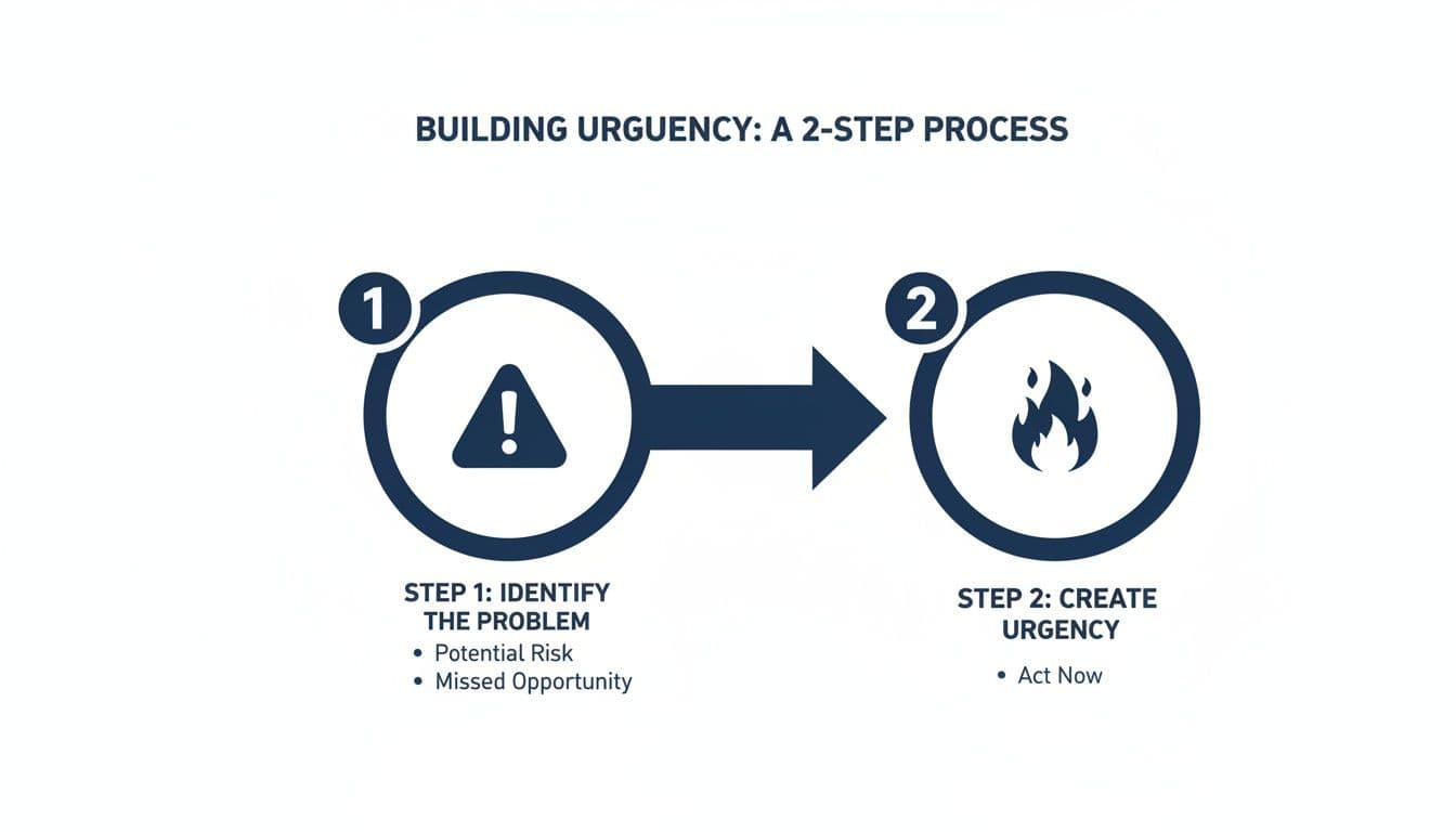 A 2-step process for building urgency, identifying problems like risks and missed opportunities, then creating urgency to act now.