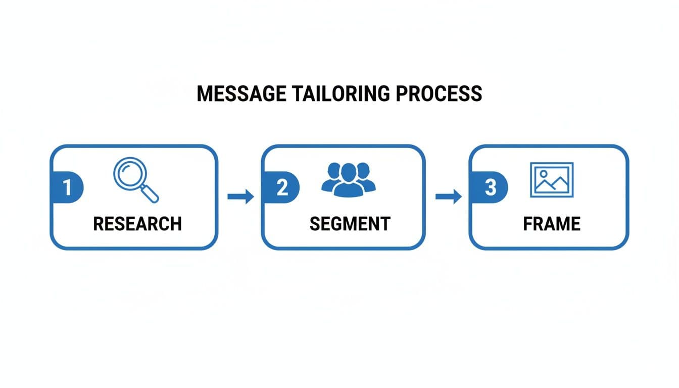 Flowchart illustrating a three-step message tailoring process: research, segment, and frame with icons.