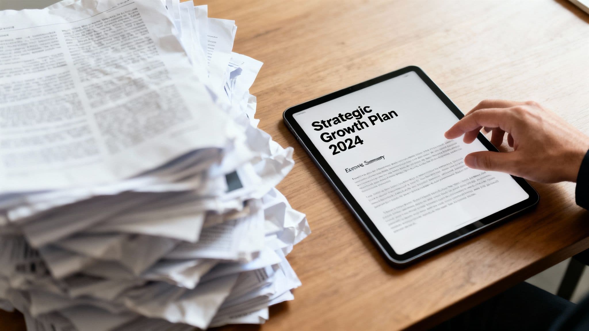 A person views a 'Strategic Growth Plan 2024' on a tablet next to a stack of crumpled papers.