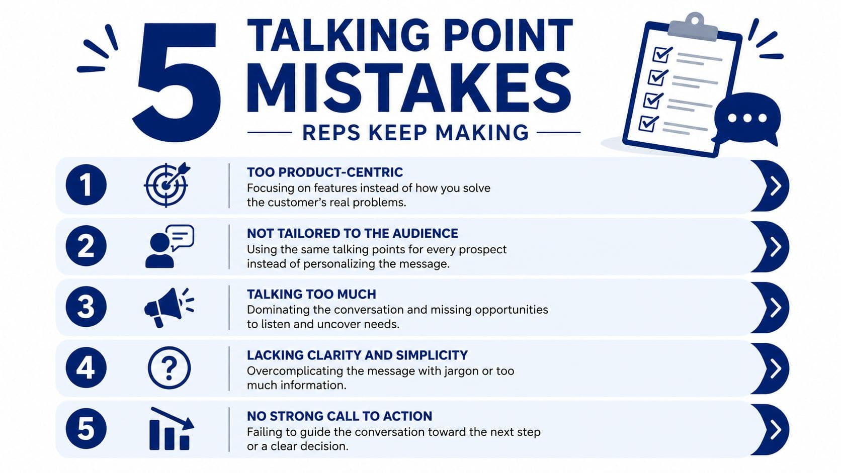 An infographic listing five common talking point mistakes sales representatives should avoid to improve their communication effectiveness.