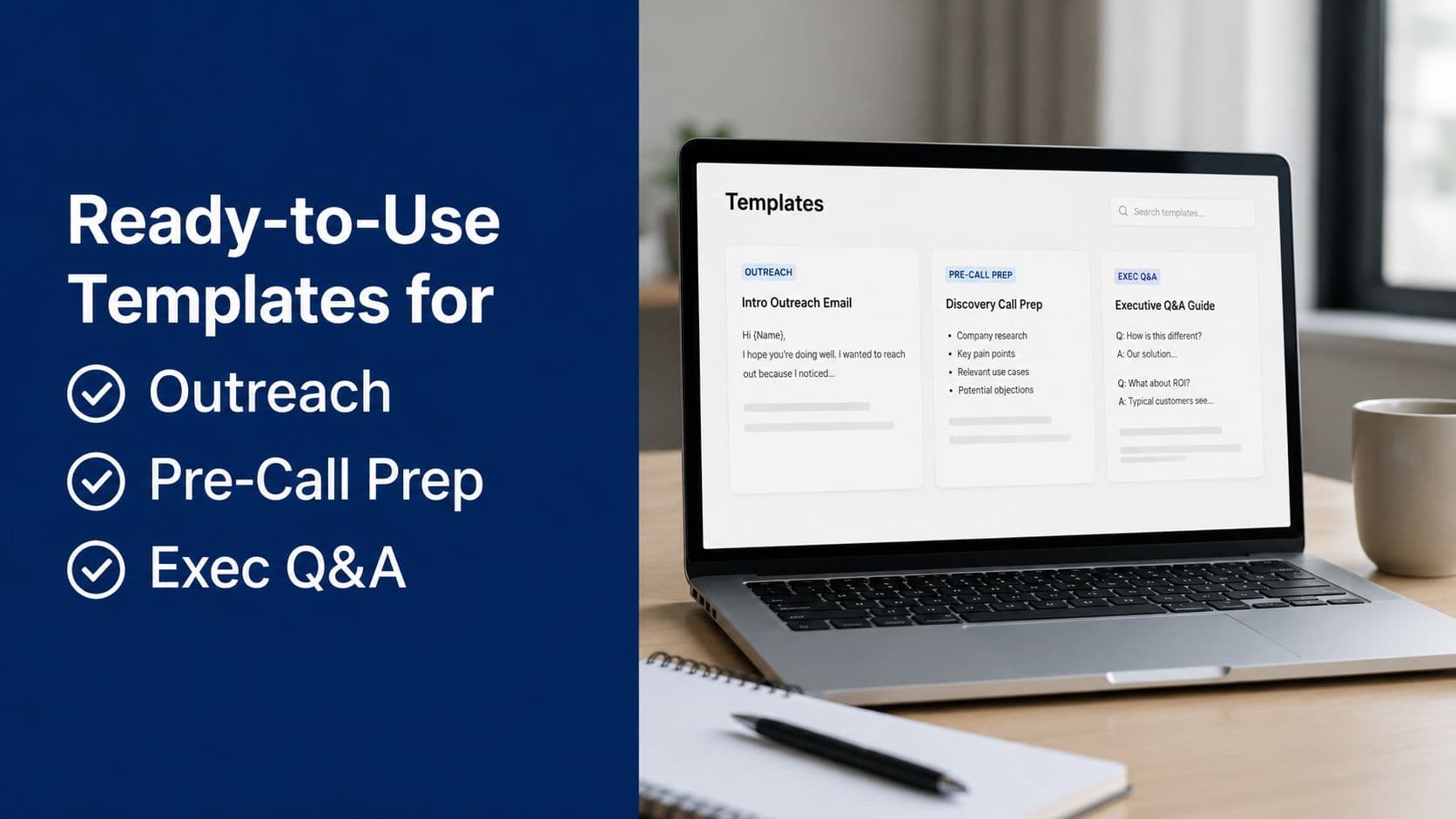 A laptop displaying a templates dashboard for sales outreach, pre-call preparation, and executive question and answer guides.