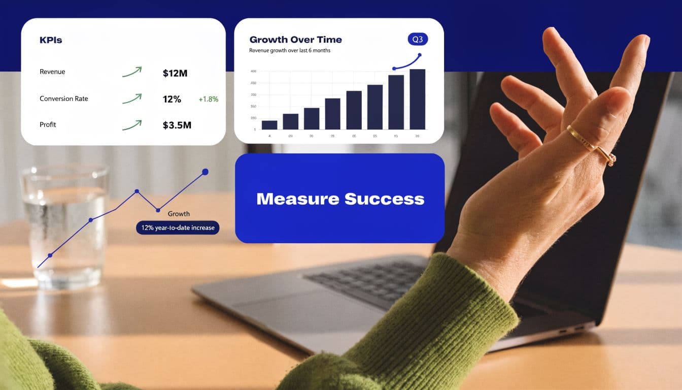 A digital graphic displaying business KPIs and growth charts layered over a person working on a laptop.