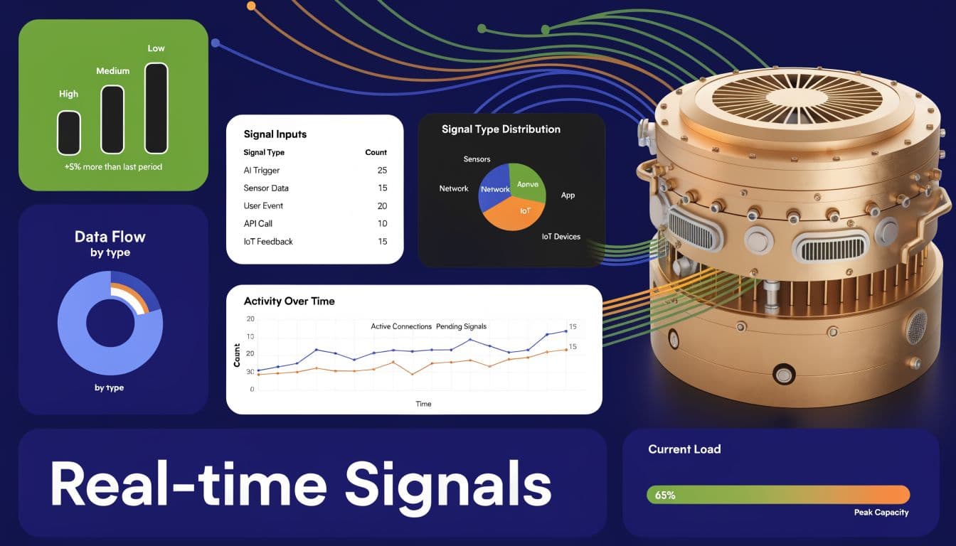A digital dashboard displaying real-time data signals, network activity metrics, and analytics connected to a mechanical device.