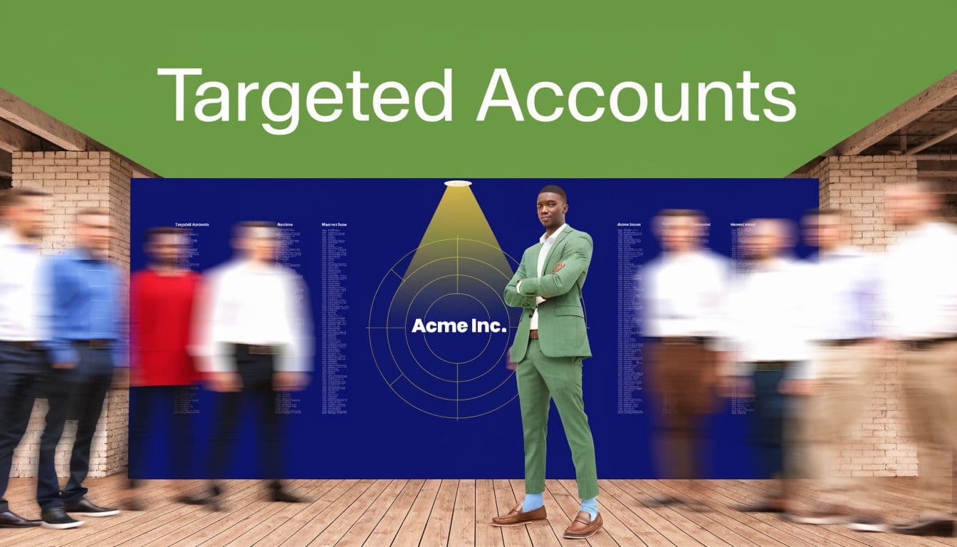 A professional man standing in front of a blue background with a targeted accounts list graphic.