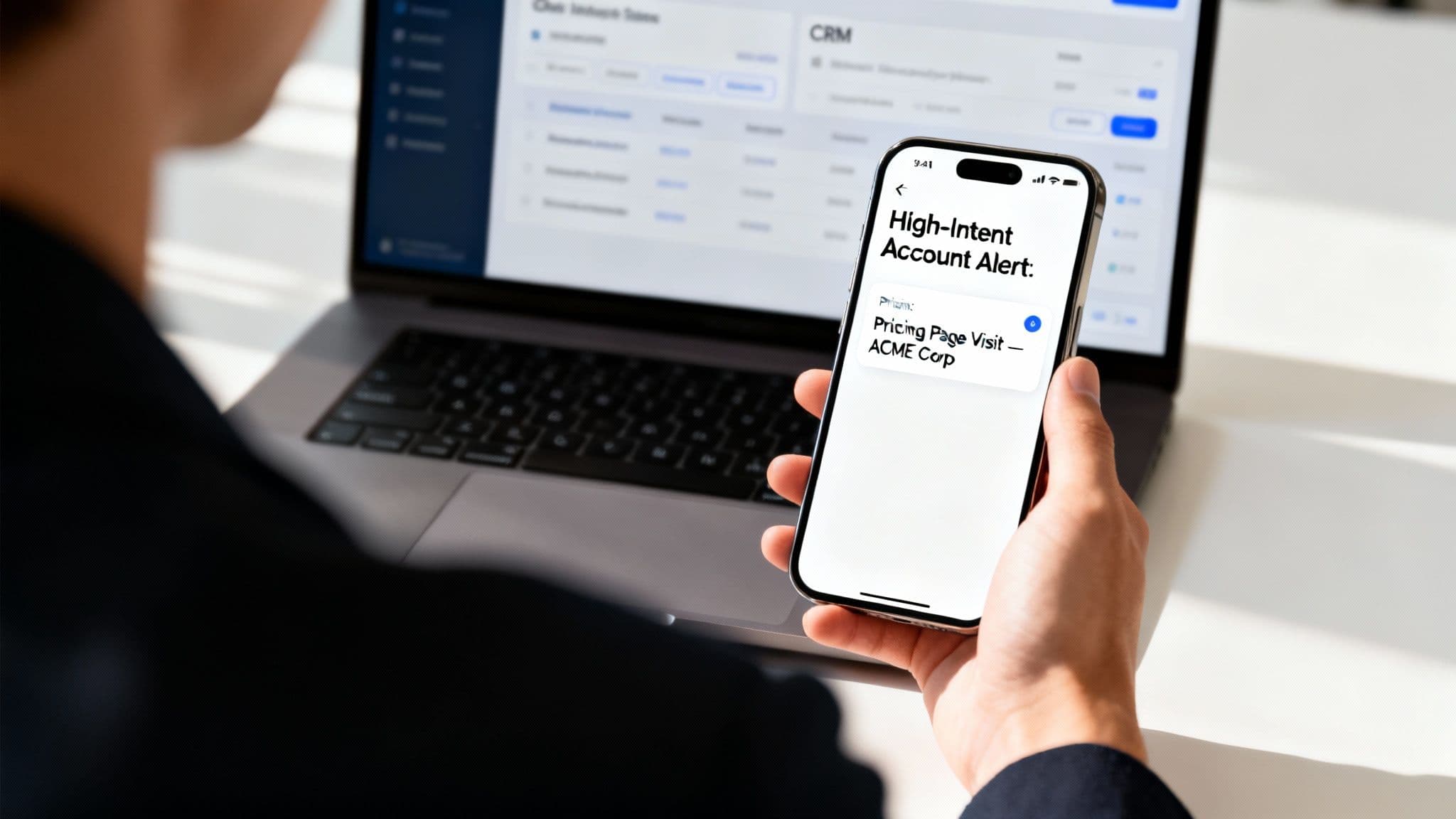Person holding a smartphone displaying a high-intent account alert about a pricing page visit.
