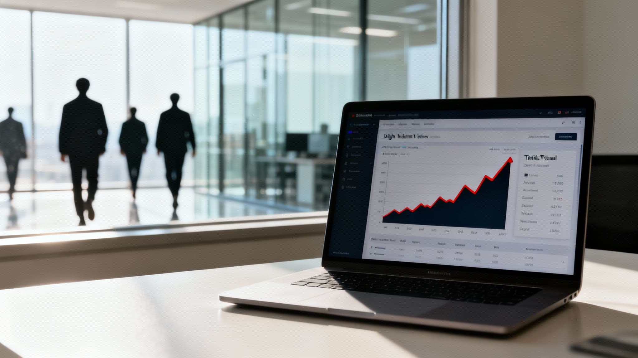 Laptop on a desk displaying a growth graph, with silhouetted business people walking in a modern office background.