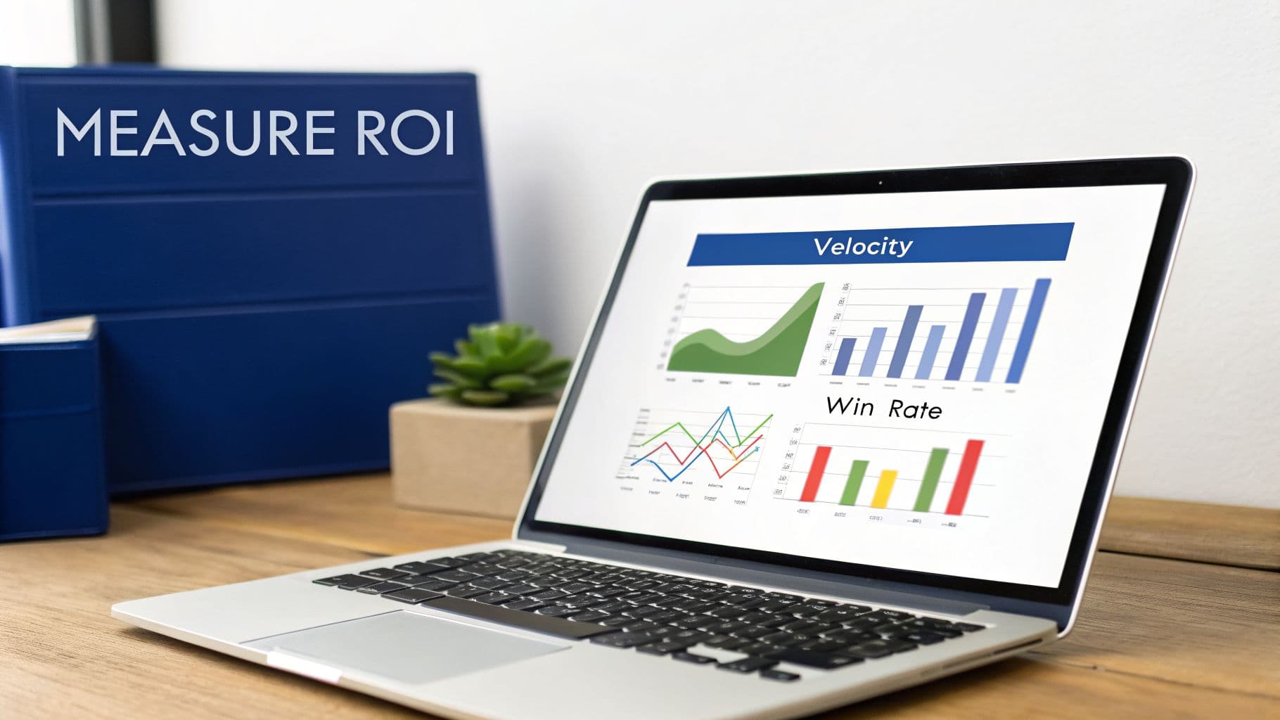 A laptop displaying business performance graphs next to a blue binder that reads 'MEASURE ROI' on a desk.