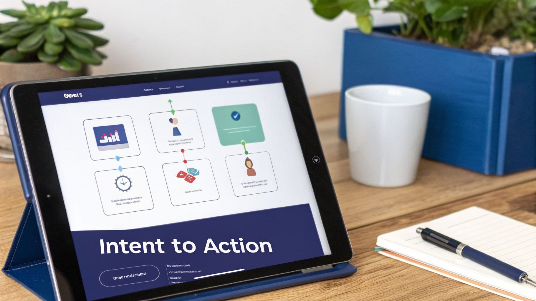 Tablet displaying an 'Intent to Action' diagram on a desk with a plant, mug, and notebook.