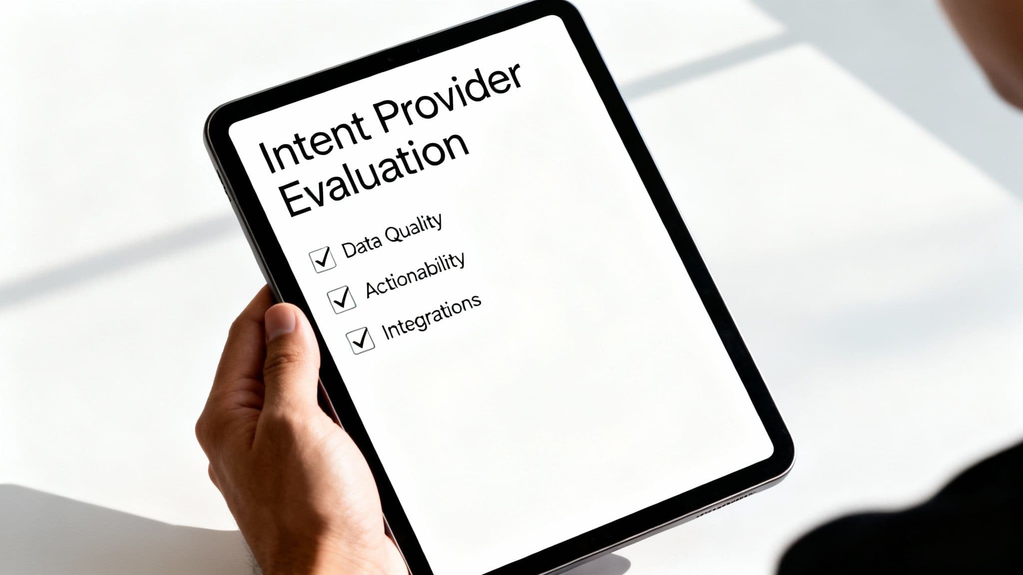 A hand holds a tablet showing an 'Intent Provider Evaluation' checklist with three items checked.