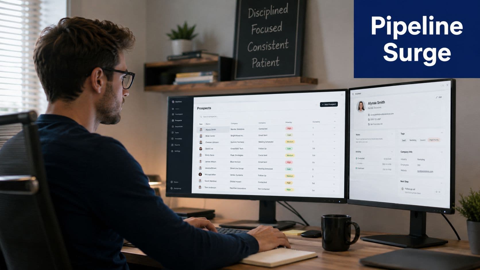 A professional working on his computer displaying CRM software analytics and lead management dashboards on dual monitors.