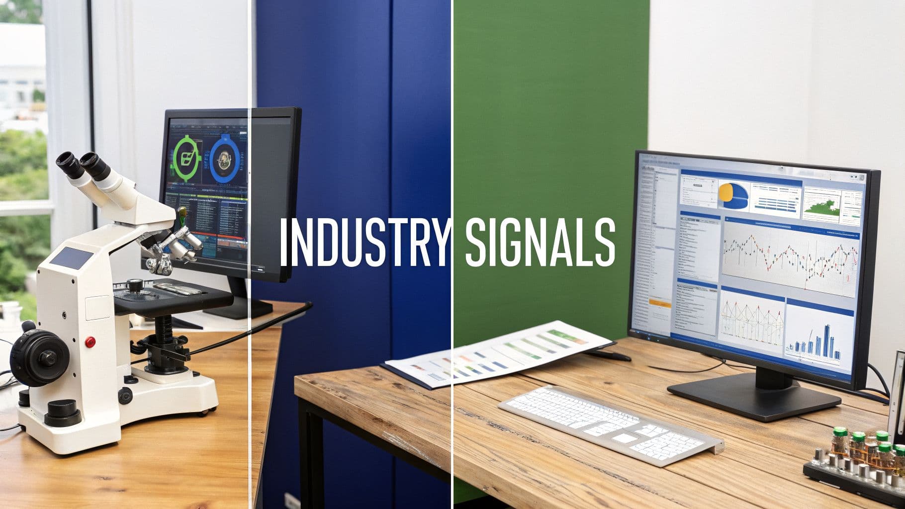 Man in blue shirt analyzing data on multiple computer monitors, with 'Buyer Intent' text.