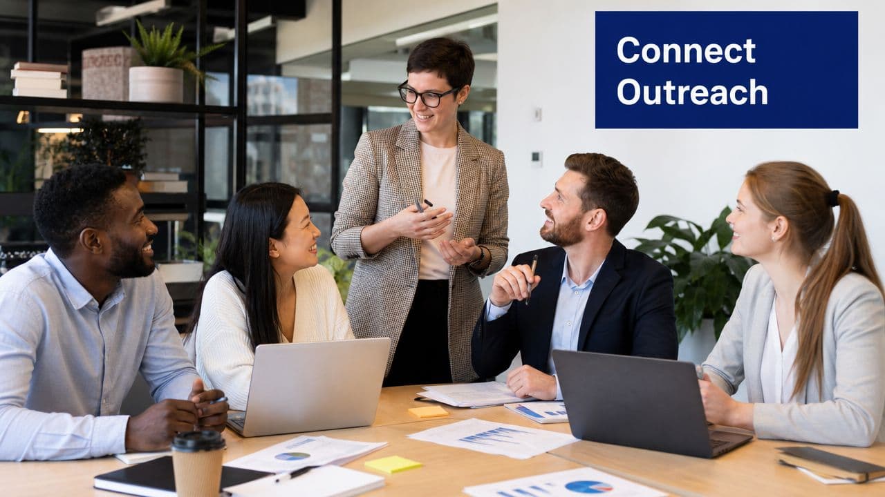 A diverse team of professionals collaborating during an IT consulting sales prospecting meeting in an office.