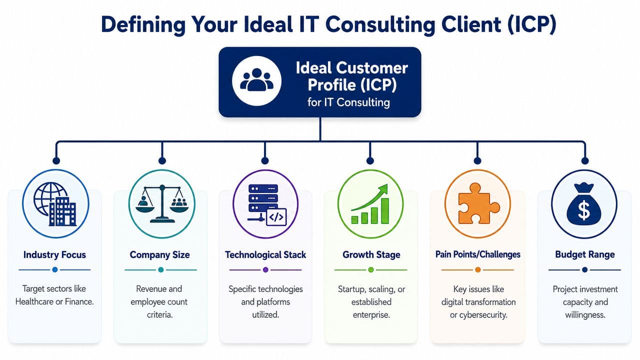 A diagram outlining the six key criteria for defining an ideal IT consulting client profile.