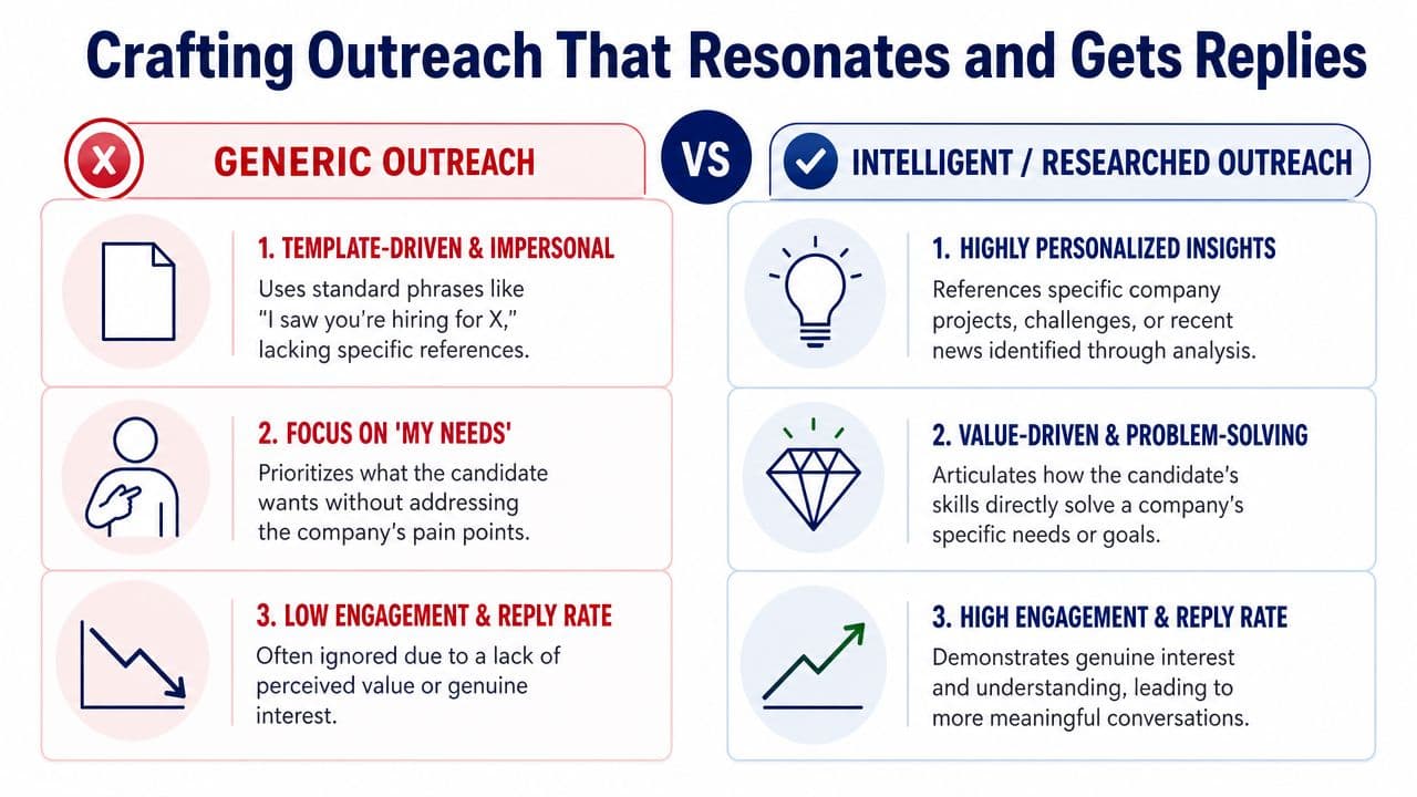 A comparison chart contrasting generic outreach versus intelligent, researched outreach for effective professional communication and job seeking.