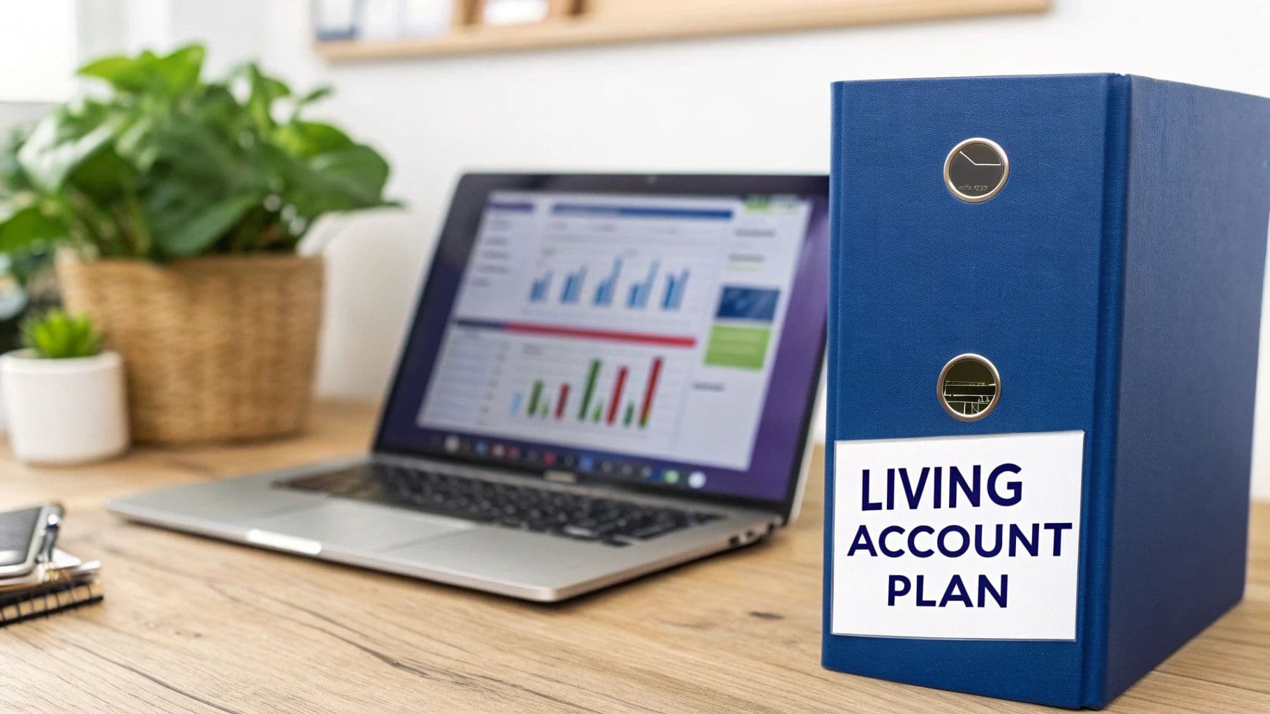A blue binder labeled 'LIVING ACCOUNT PLAN' on a wooden desk with a laptop showing financial charts.