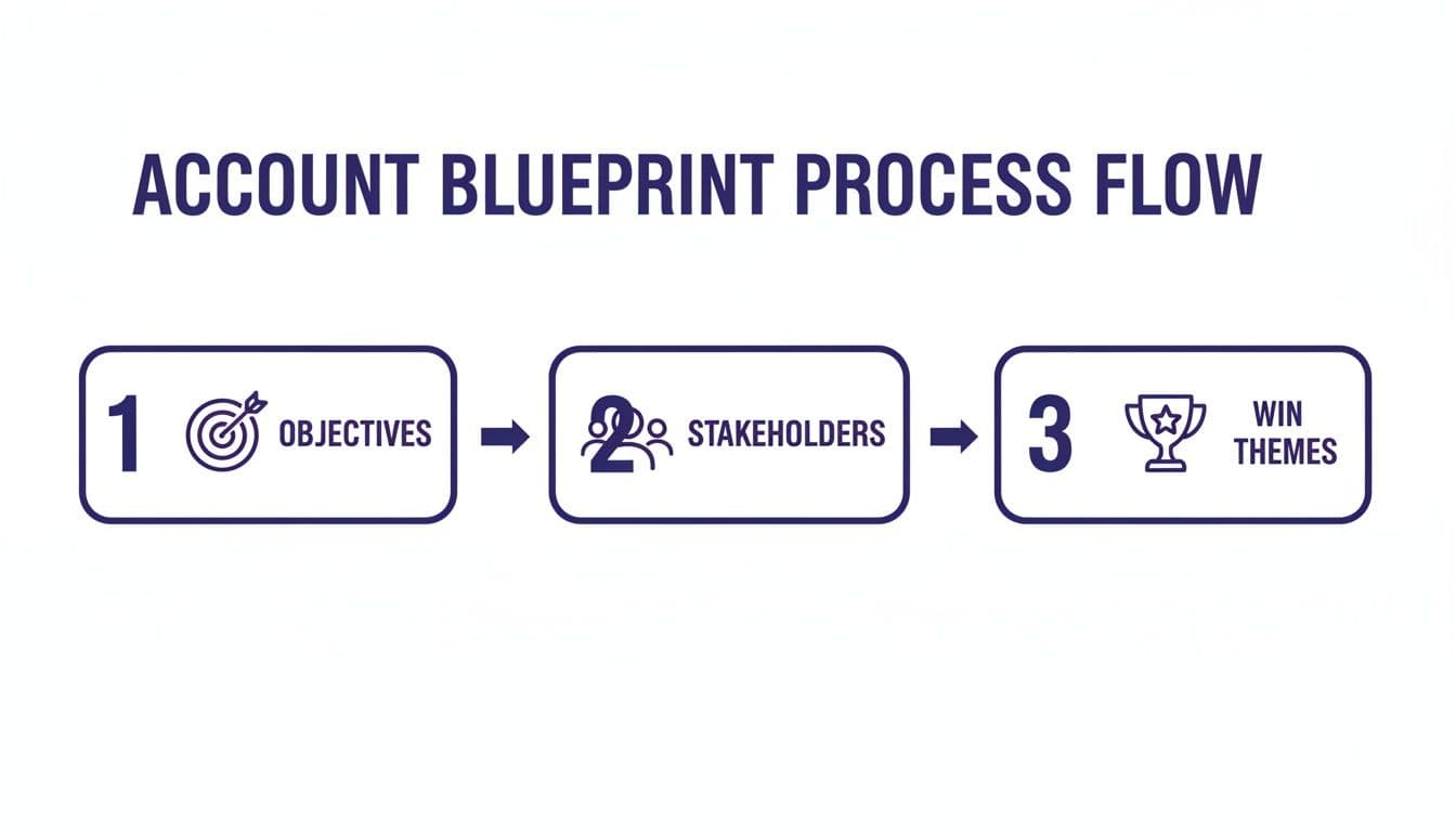A three-step process flow for account blueprinting: objectives, stakeholders, and win themes.