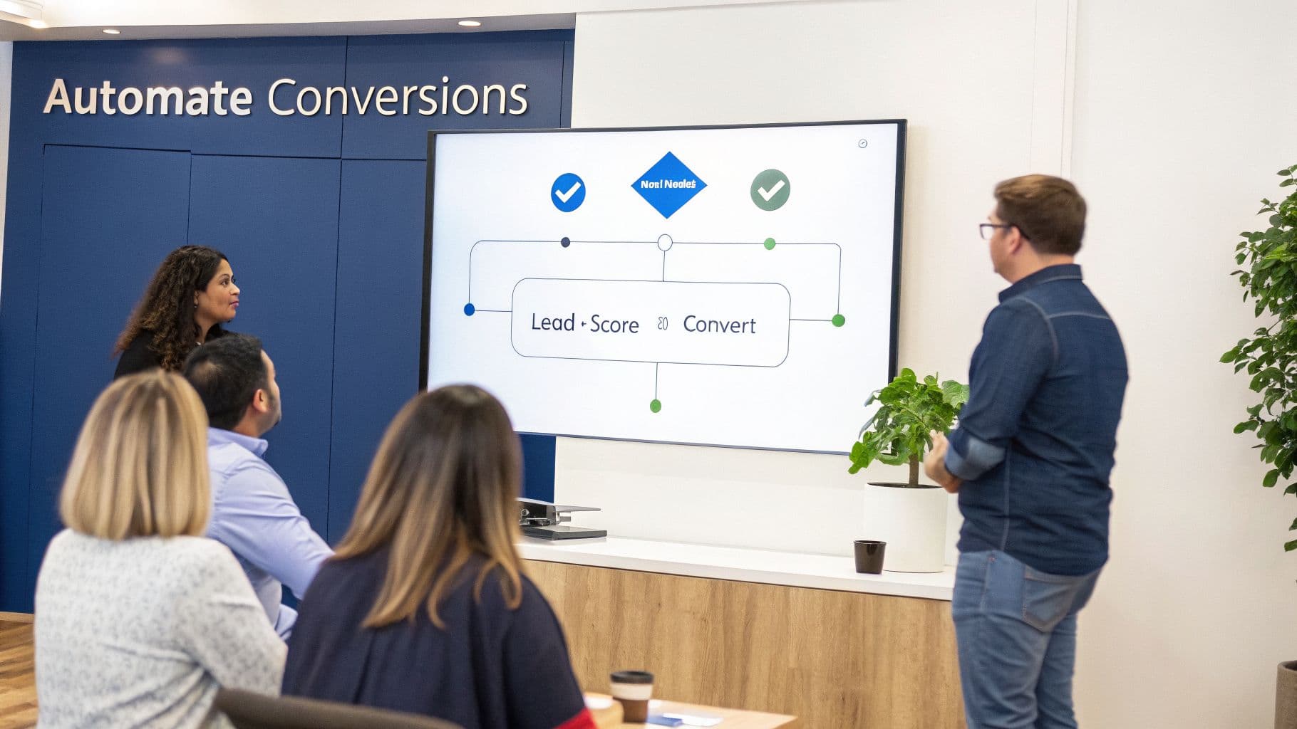 People in a meeting room watching a presentation on a screen showing a conversion flow diagram.