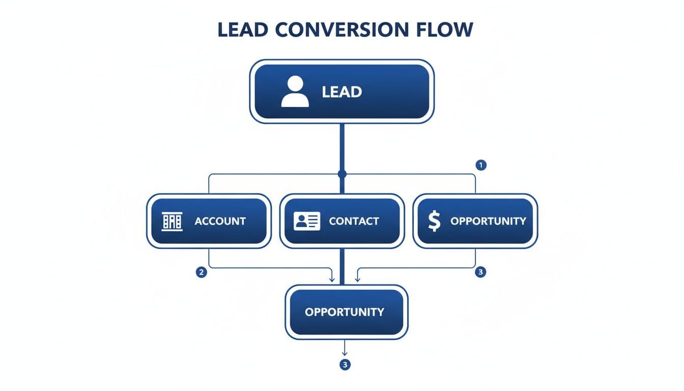Diagram illustrating a lead conversion flow, mapping steps from lead to account, contact, and final opportunity.