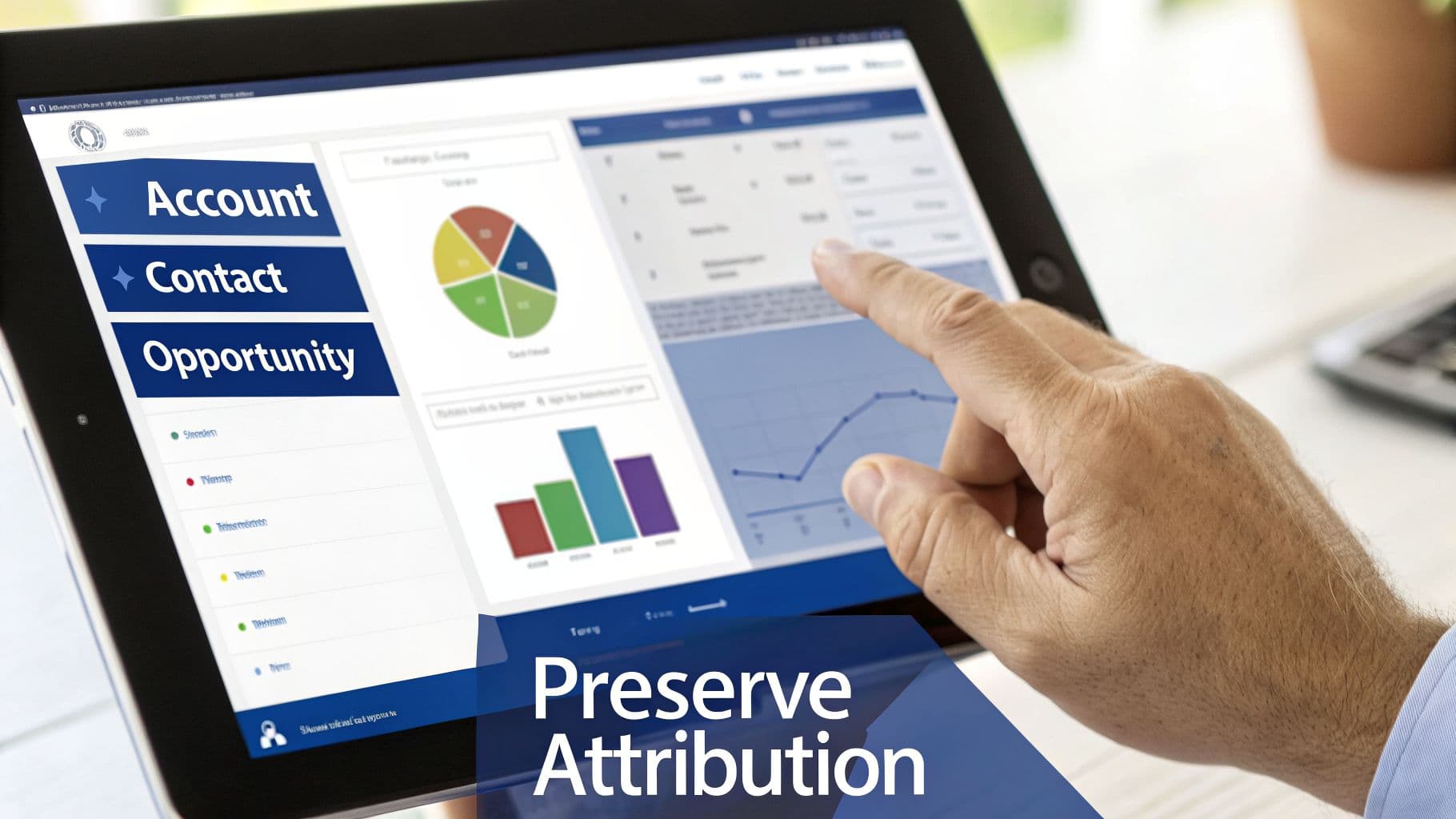 A hand taps a tablet displaying a business dashboard with charts, graphs, and CRM menu.