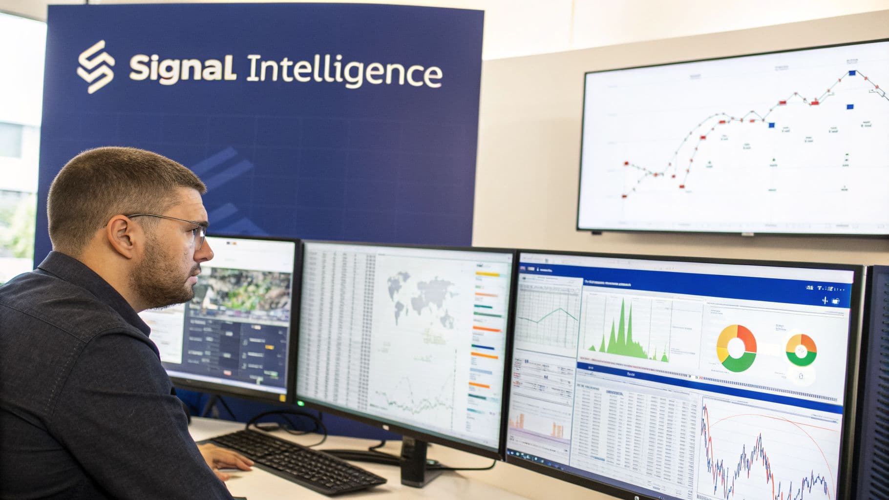 A data analyst works with multiple screens showing complex charts and data for Signal Intelligence.