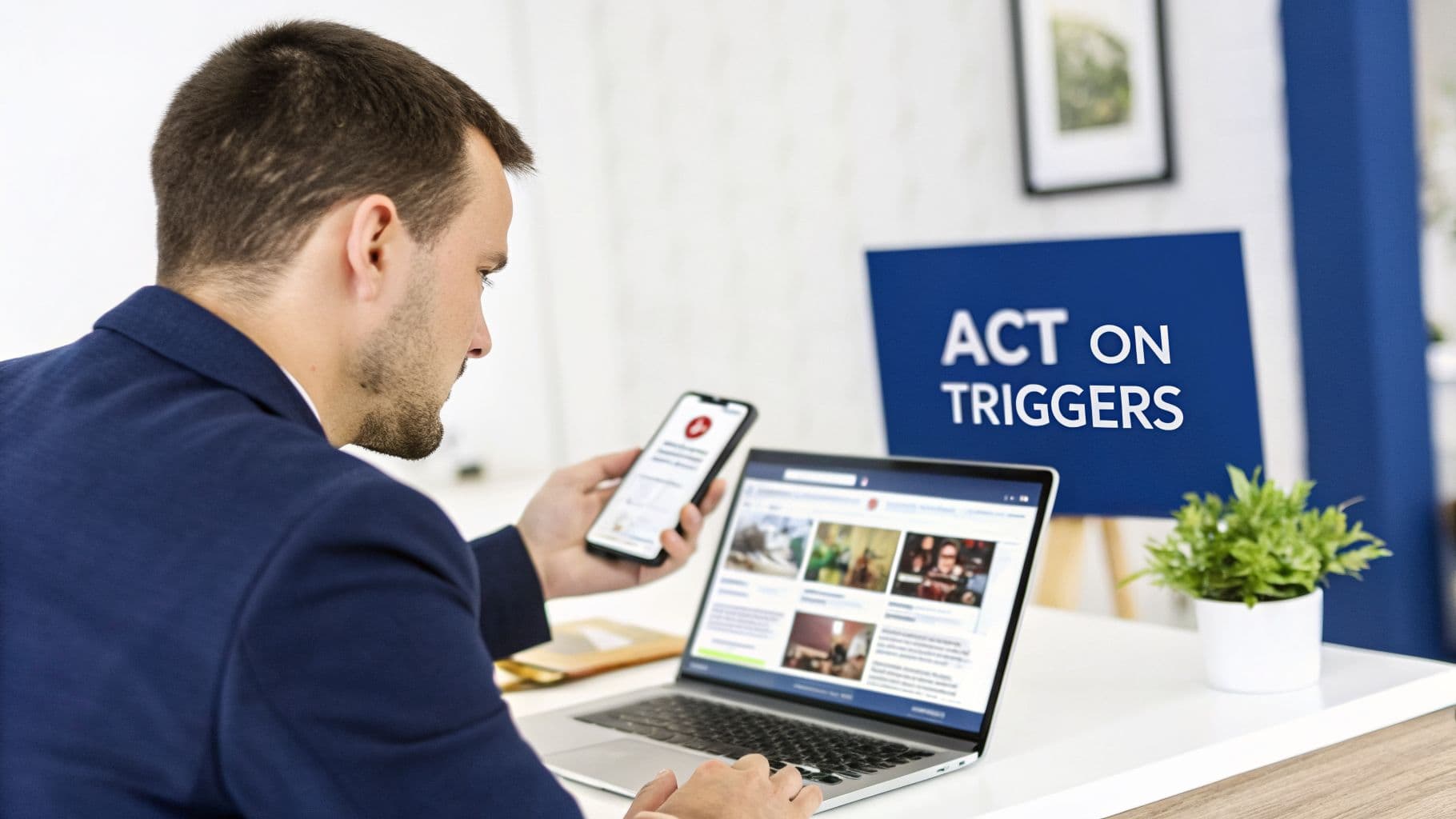 A man in a blue jacket works on a laptop and smartphone, with a sign 'ACT ON TRIGGERS' in the background.