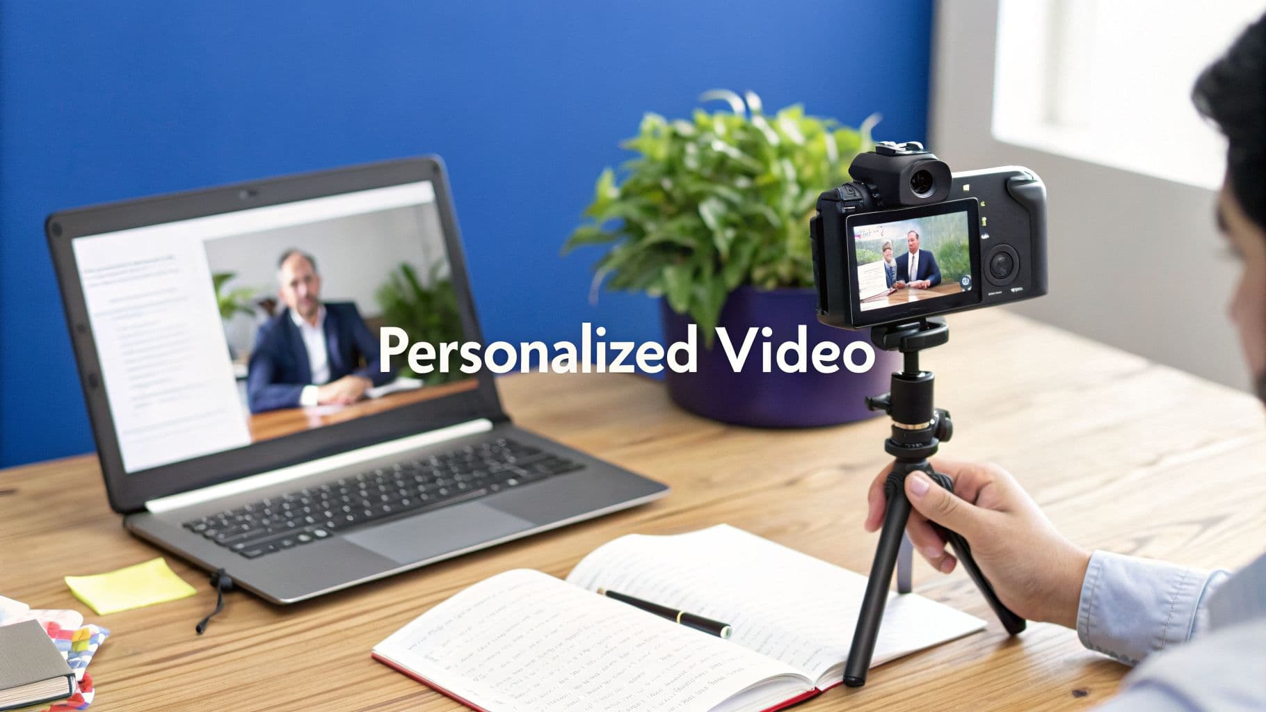 A person records a personalized video with a camera, a laptop displaying a video conference.
