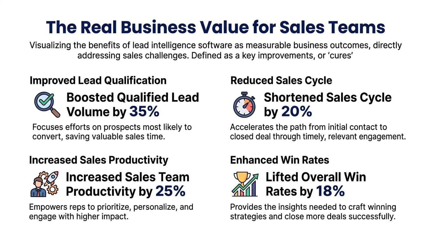 An infographic detailing how lead intelligence software improves sales team performance with four key business metrics.