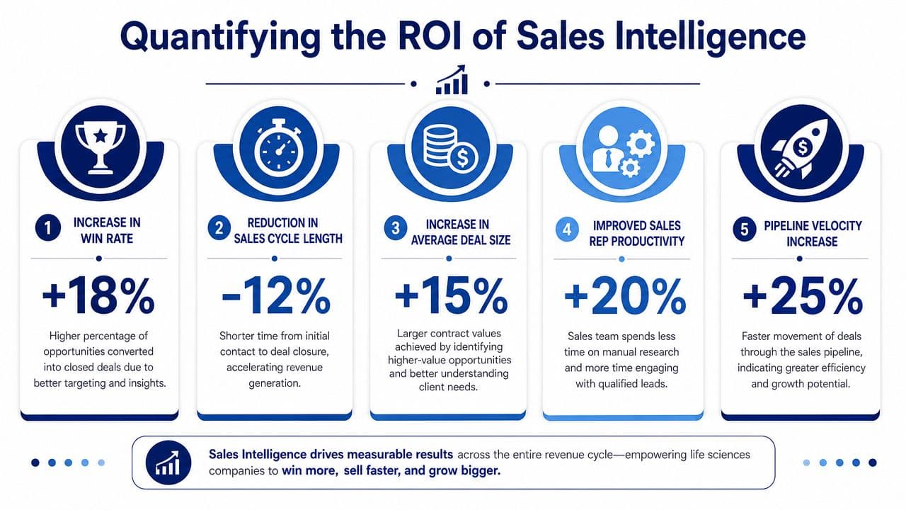 An infographic showing five key performance metrics illustrating the positive return on investment for sales intelligence platforms.