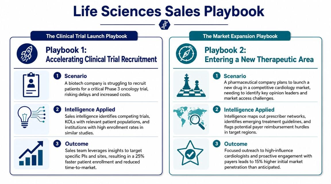 A Life Sciences Sales Playbook infographic illustrating clinical trial recruitment strategies and market expansion techniques for pharmaceutical companies.