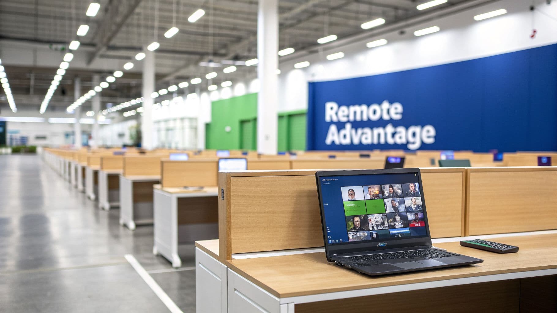 An empty, modern open-plan office with a laptop displaying a video call and a 'Remote Advantage' sign.