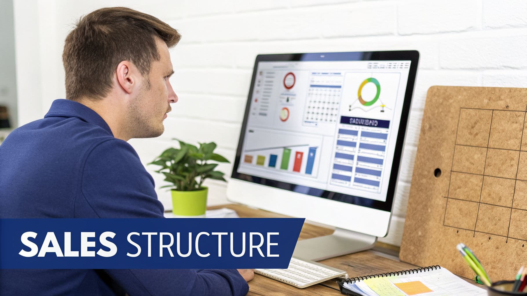 Man in a blue shirt reviewing sales structure and analytics on a computer monitor.
