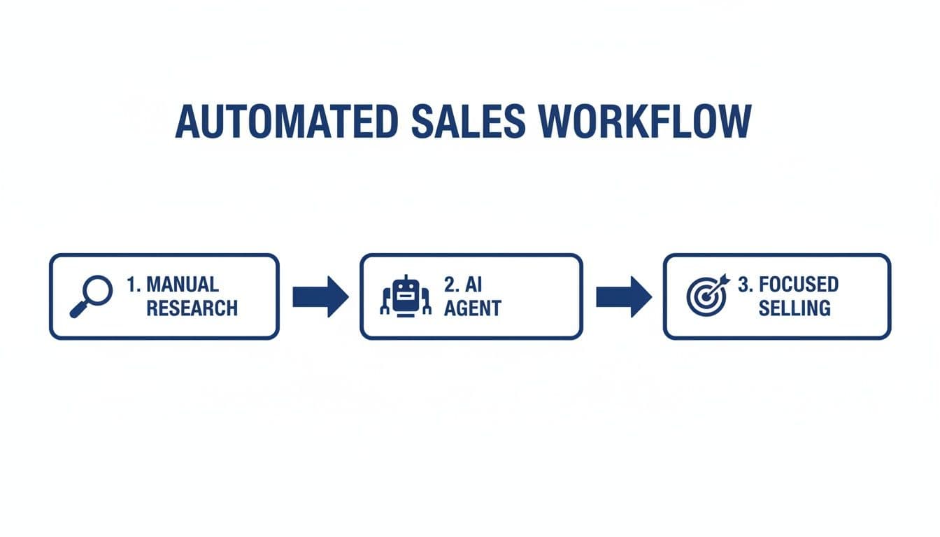 Automated sales workflow diagram showing steps: manual research, AI agent, and focused selling.