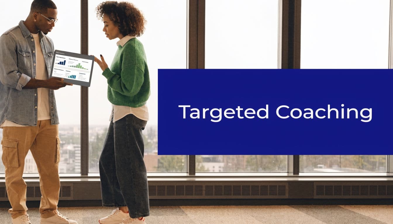 A professional man and woman discussing data on a tablet in an office with large windows.