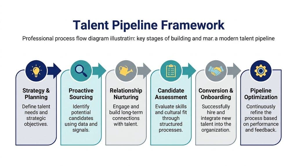 A professional infographic illustrating the six key stages of the modern talent pipeline framework for recruitment.