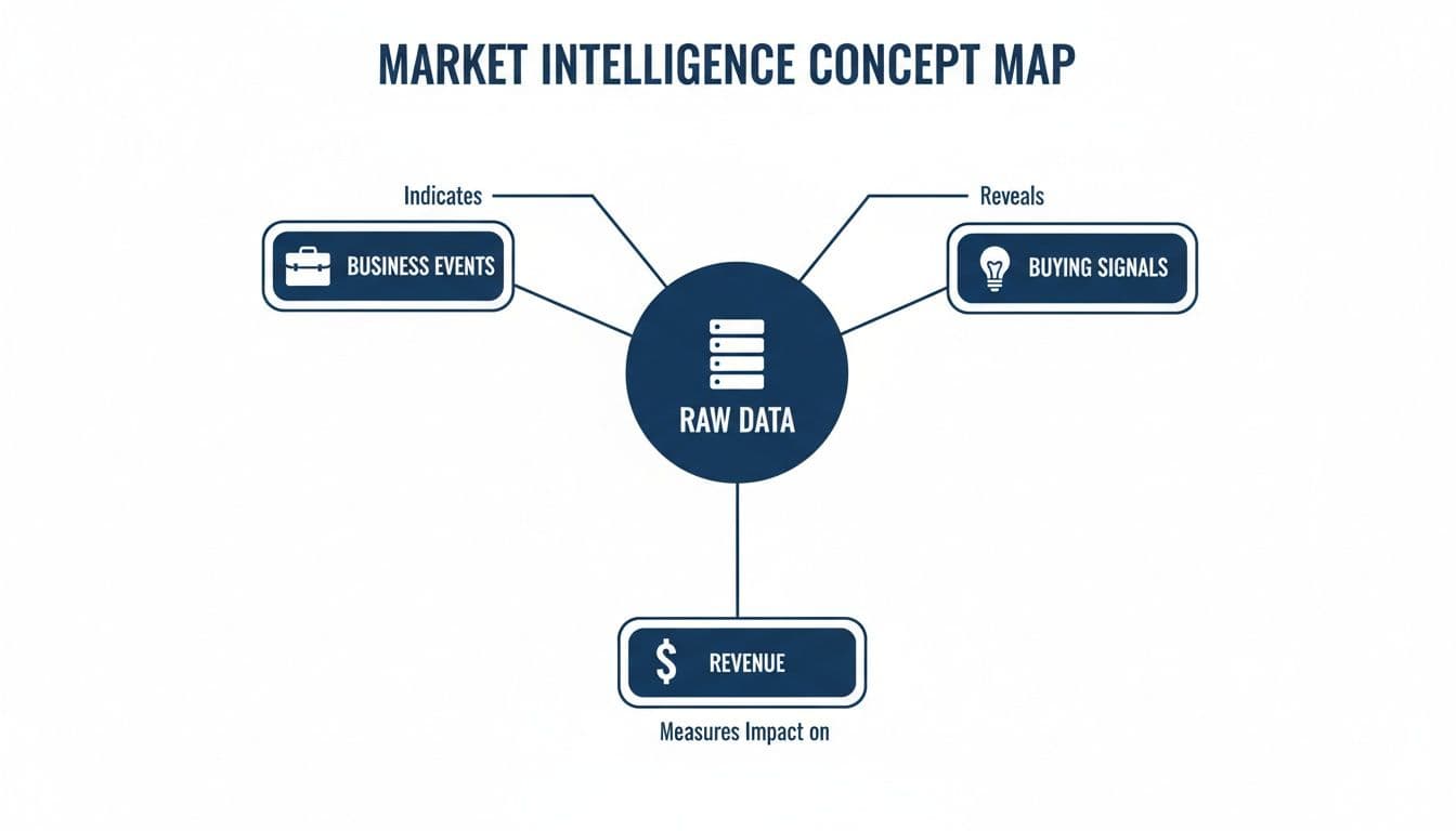 A concept map illustrates how raw data indicates business events, reveals buying signals, and measures impact on revenue.