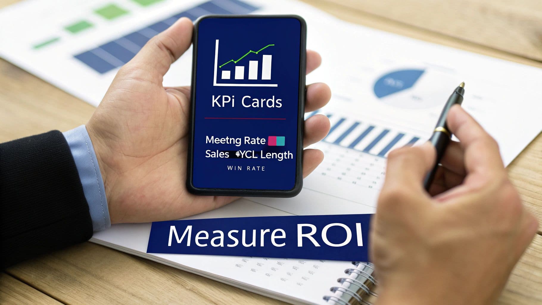 A person holds a phone displaying KPI cards with graphs, while another hand points to charts for measuring ROI.