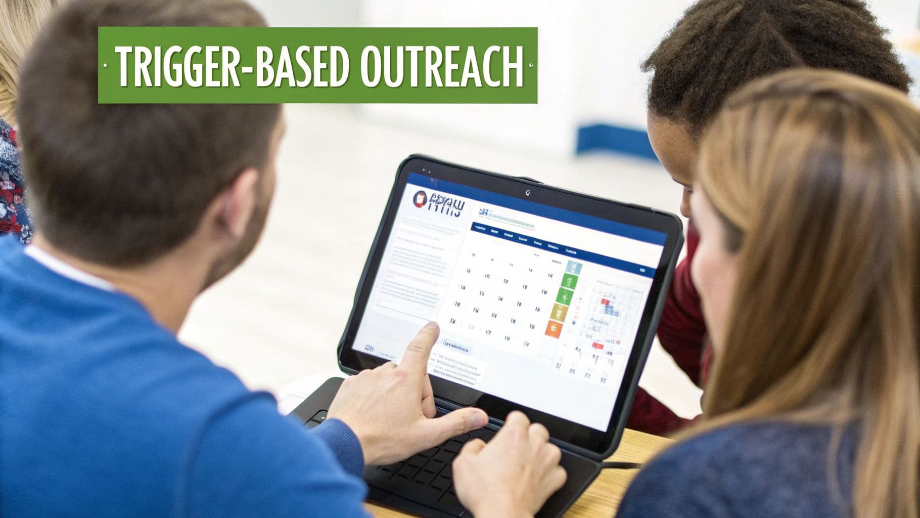 Three individuals looking at a laptop with a calendar application and 'TRIGGER-BASED OUTREACH' marketing text.