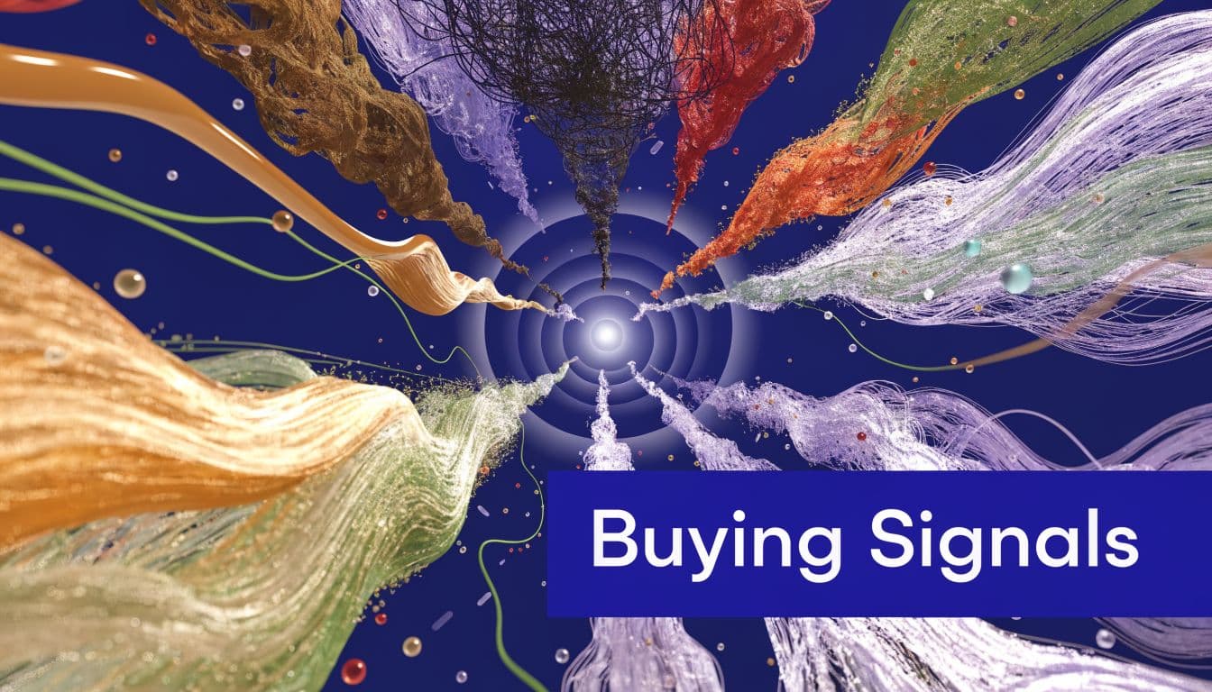 A digital abstract art piece showing colorful fluid streams converging toward a bright central light point.