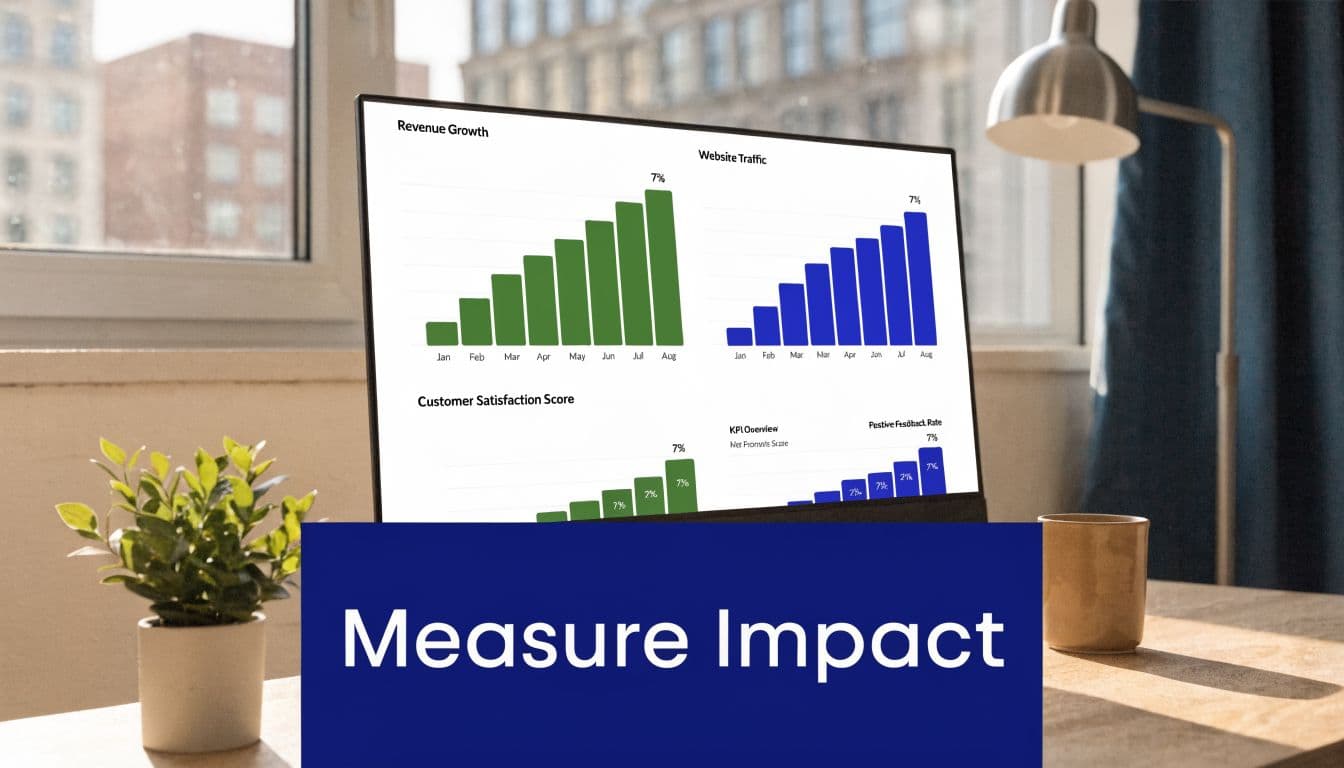 A computer screen displaying marketing growth analytics with bar charts and a large business impact label.