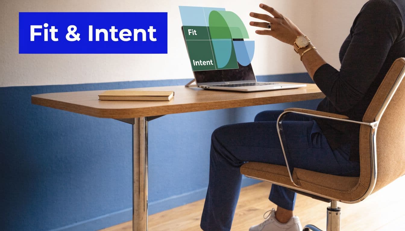 A professional analyzing a digital chart representing fit and intent for marketing lead qualification on a laptop.