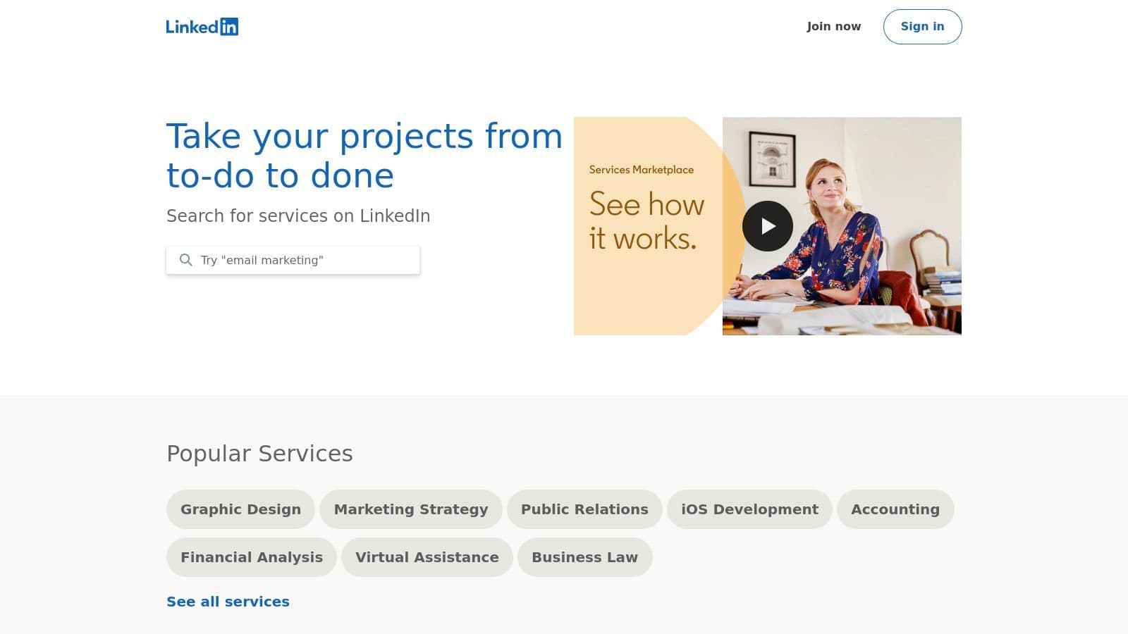 LinkedIn Services Marketplace page: search for services such as marketing strategy