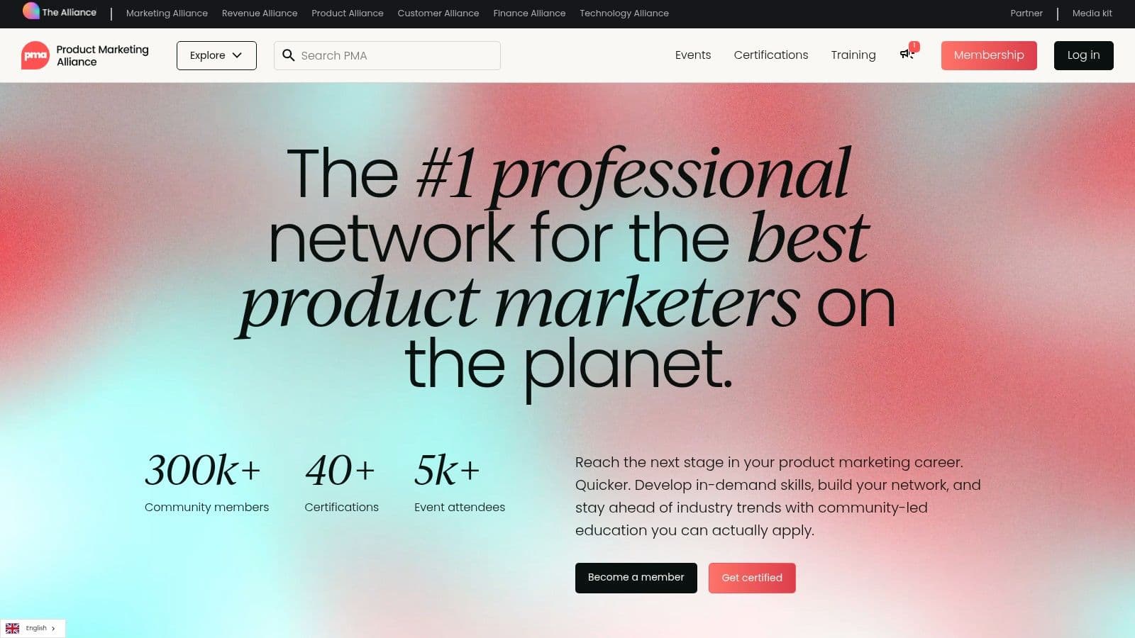 Product Marketing Alliance homepage: professional network for product marketers, with membership and certification buttons