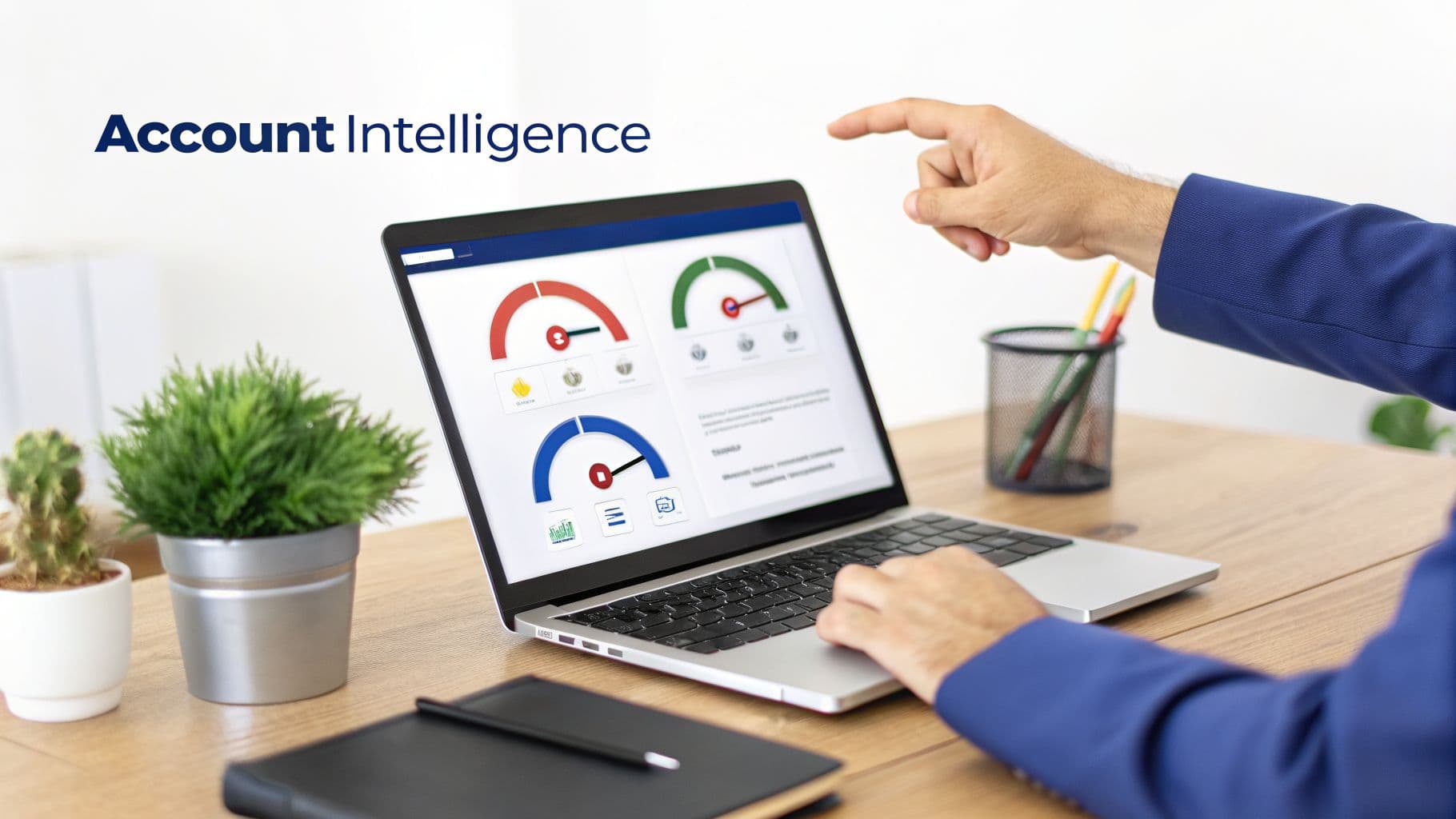 Person interacting with a laptop showing 'Account Intelligence' and data dashboards on a wooden desk.