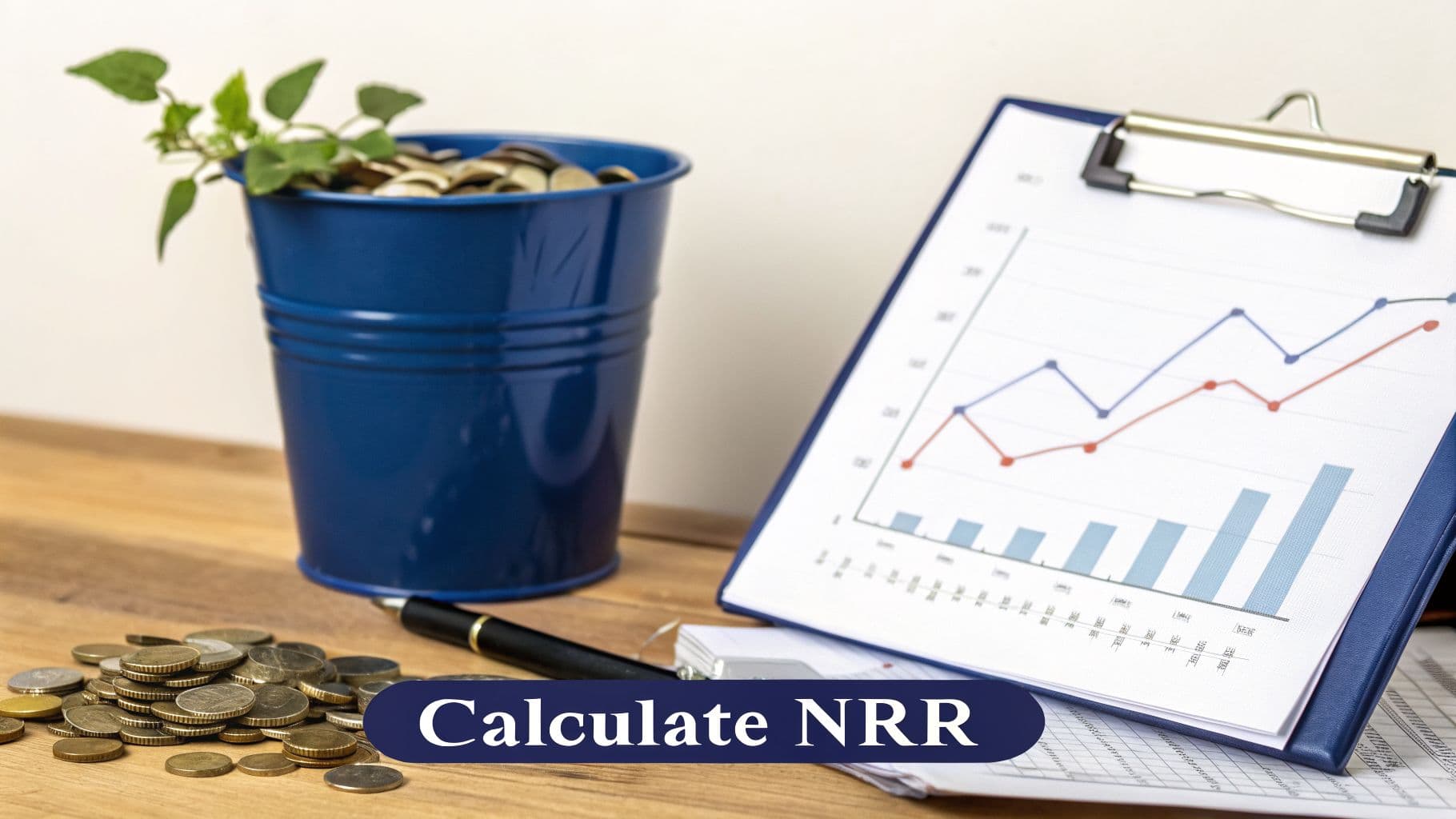 A blue bucket with growing plant and coins, next to a clipboard displaying a financial graph, symbolizing NRR calculation and growth.
