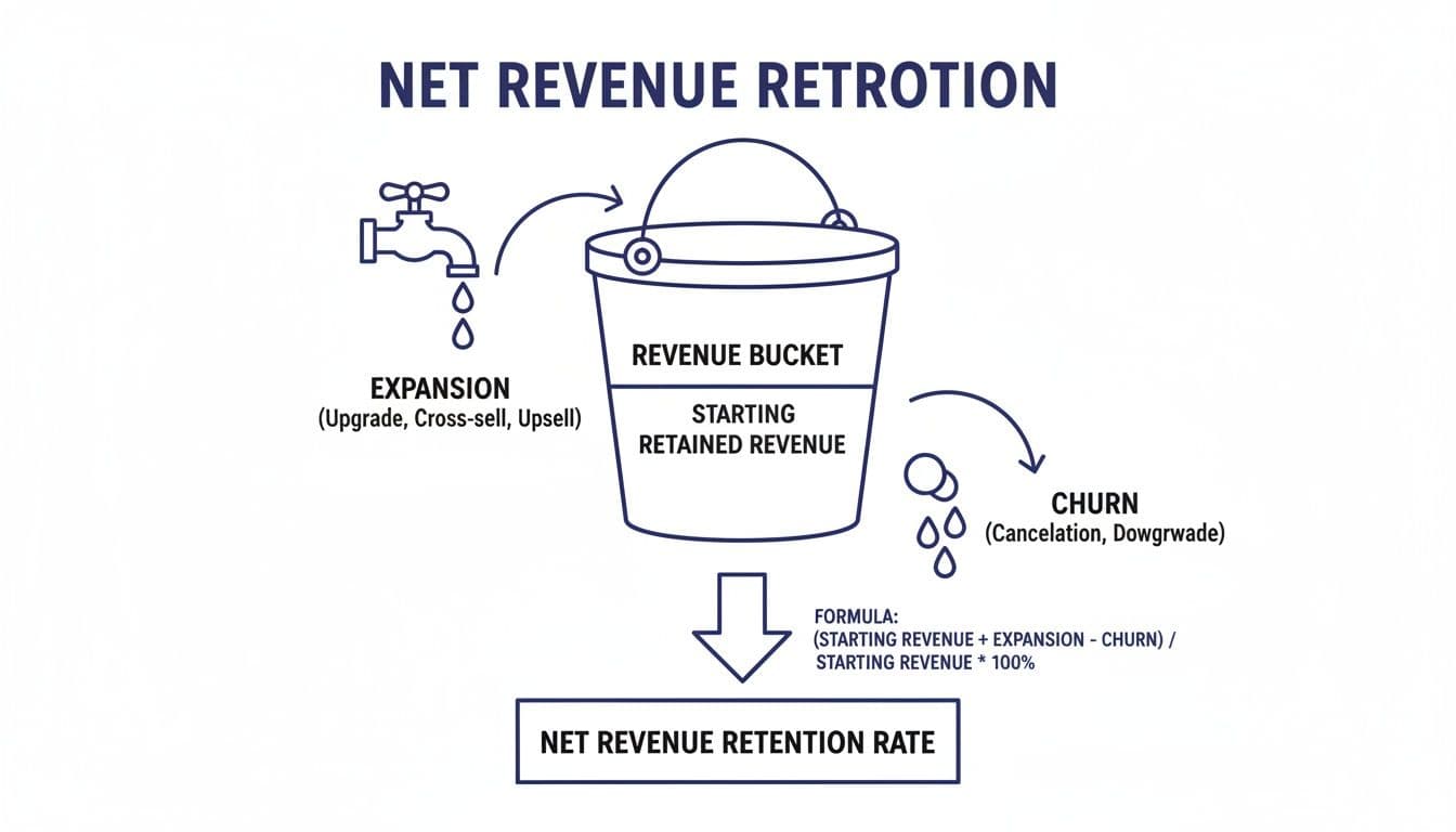 Diagram illustrating net revenue retention rate calculation with expansion and churn.