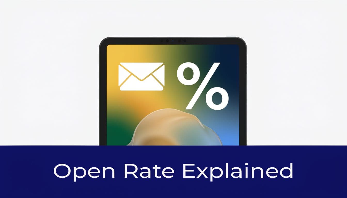 A tablet screen displaying an email icon next to a percentage sign representing email open rate metrics.