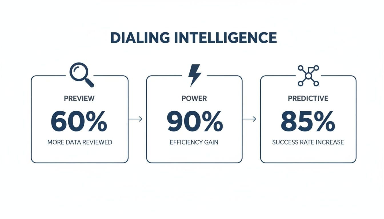 Infographic showing dialing intelligence benefits: 60% more data reviewed, 90% efficiency gain, 85% success rate increase.