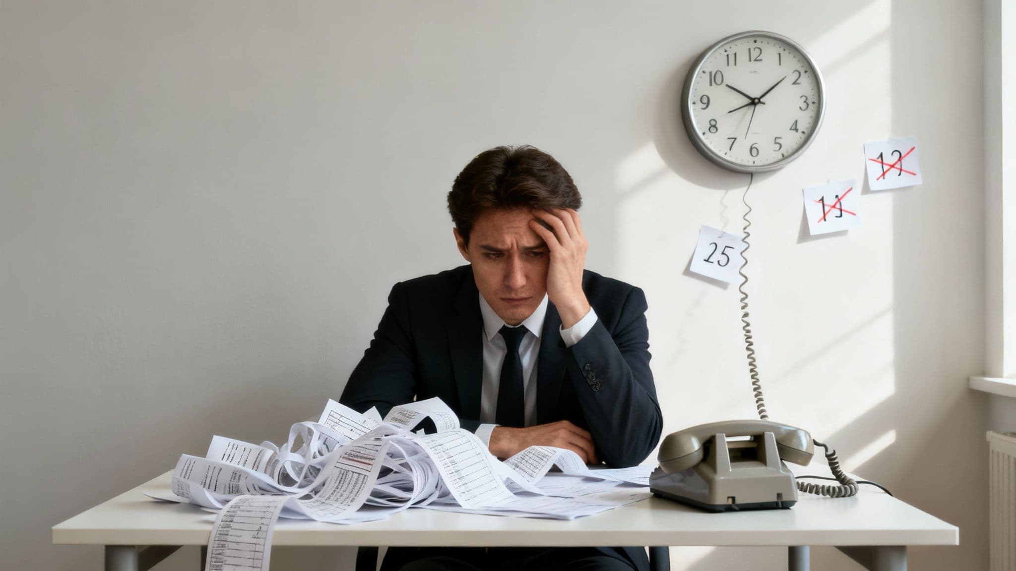 Overwhelmed man in a suit looks stressed while sitting at a desk covered in long receipts.