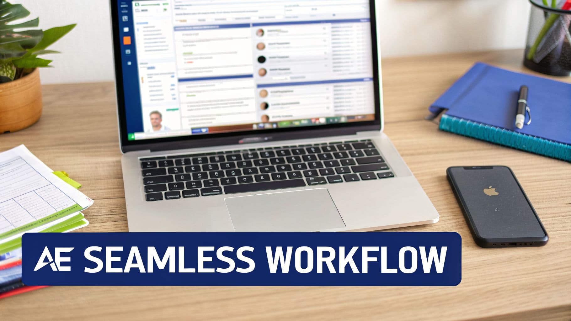 A modern workspace with a laptop displaying a workflow, a smartphone, and documents on a wooden desk.