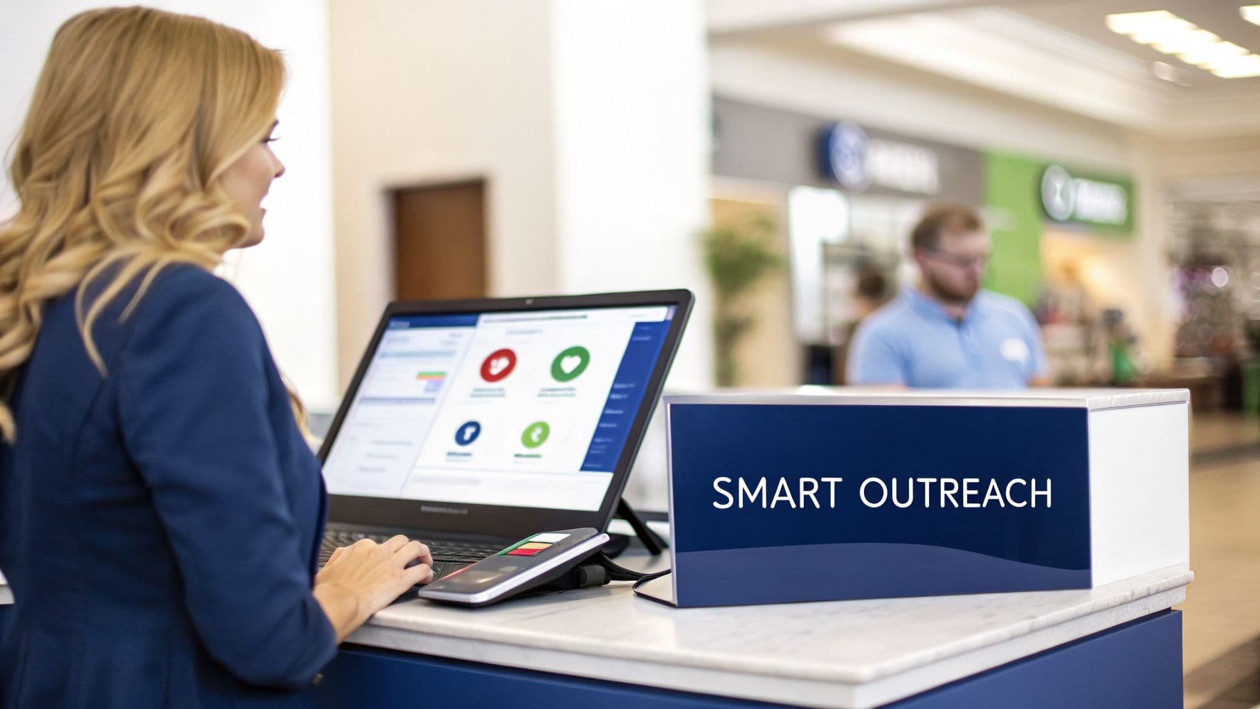 A woman types on a laptop displaying data charts, next to a "SMART OUTREACH" sign.